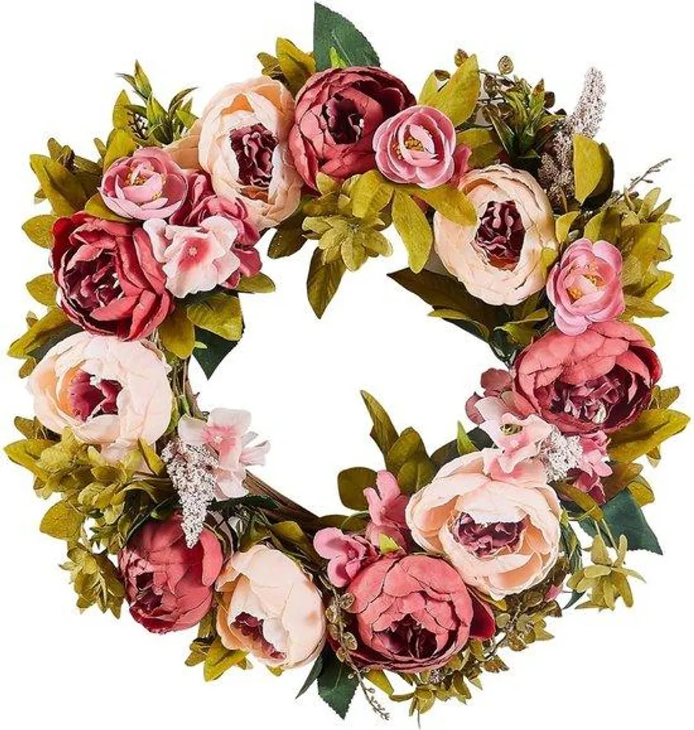 Couronne fleurs artificielles rose 48 cm sans entretien pour intérieur