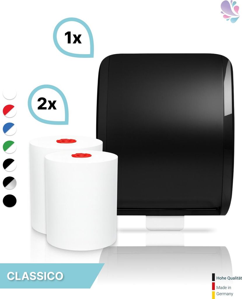 SET: Handtuchrollenspender Autocut, Blanc Cosmos verschied. Farben + 2 Handtuchrollen Classico - PRODUKTSET : Farbe - Schwarz Farbe: Schwarz