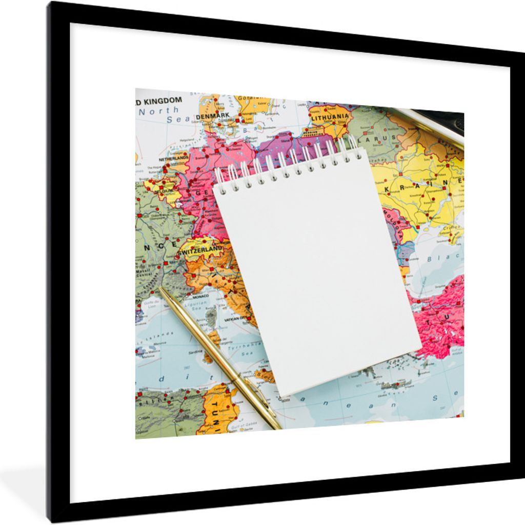MuchoWow Gerahmtes Poster Weltkarte - Bleistift - Notizblock 40x40 cm - Poster mit Schwarzem Bilderrahmen Wandposter Rahmen Foto Bilder - Poster ...