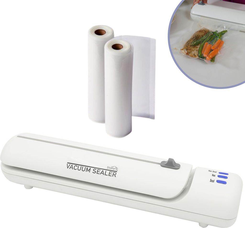 Starlyf Vacuum Sealer - Vakuumierer Spar Set, Vakuumiergerät für Lebensmittel, 140 Watt, Rollenbreite 20 cm, inkl. 20 Beutel, 2 Vakuumrollen & Re...