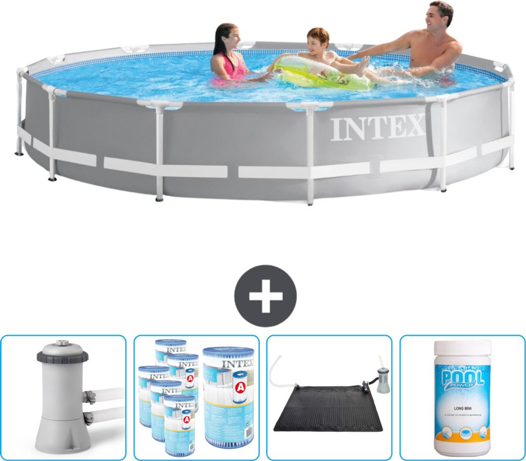 Intex Round Prism Frame Swimming Pool – 366 x 76 cm – Grau – inklusive Pumpe Filter - Solarmatte - Chlor