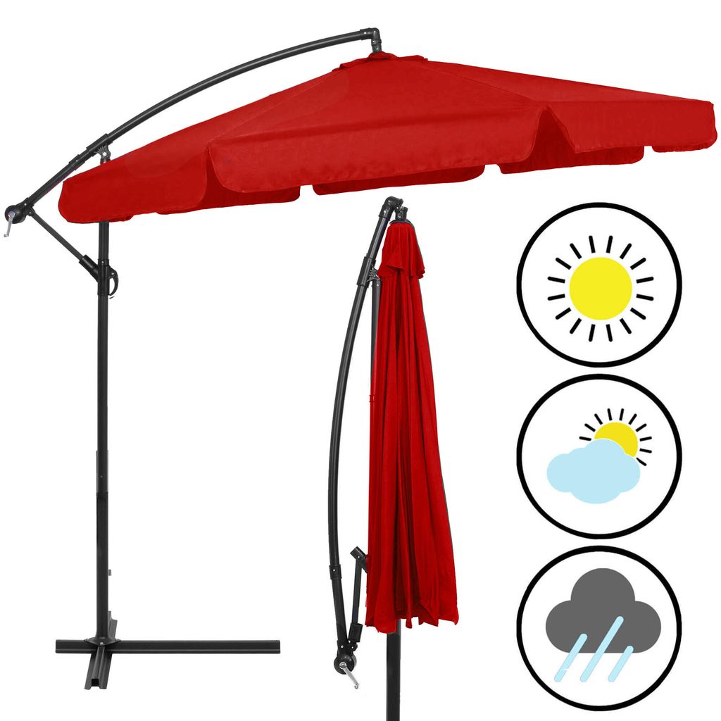 A red cantilever umbrella is shown in its open and closed positions, with icons indicating sun, clouds, and rain.