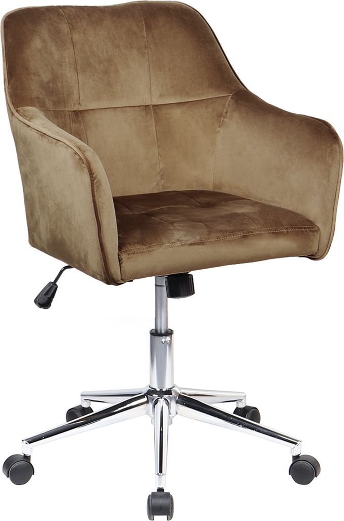 A brown velvet office chair with a silver base and wheels, shown against a white background.