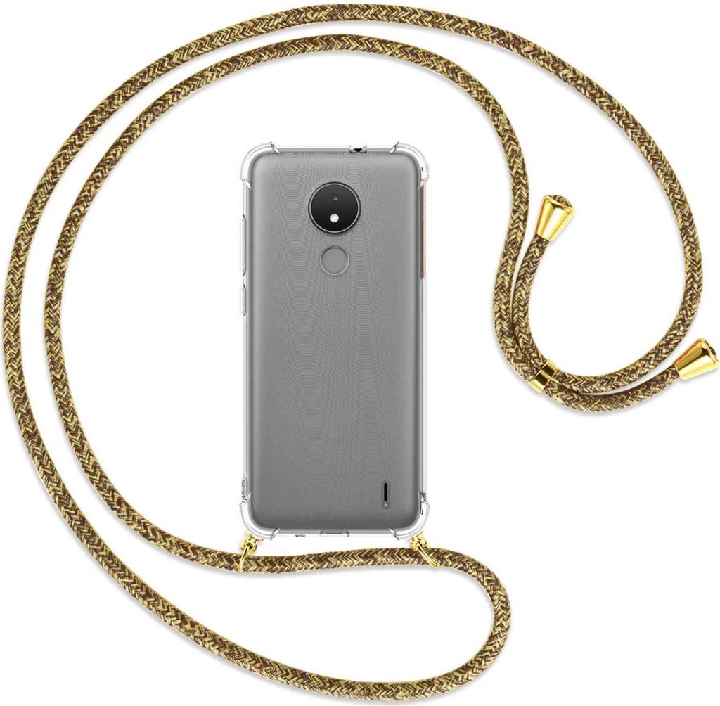 Handykette Backcover-Schutzhülle mit Band (Metall goldfarben) für Nokia C21, Nokia C20 - braun+beige