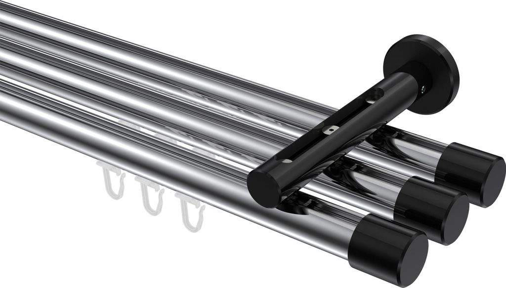 Interdeco Innenlaufstange / Gardinenstange mit Innenlauf Chrom / Schwarz, Typ Siteno Santo (Kappe), 20 mm Ø 3-läufig, 400 cm