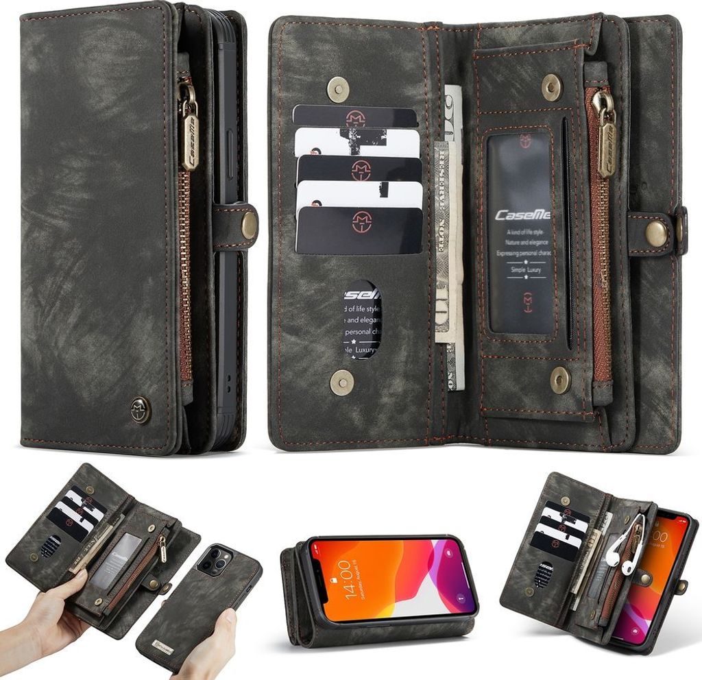 Caseme 008 iPhone 12 Pro Hülle Abnehmbare 2in1 Klapphülle Geldbörse - Schwarz