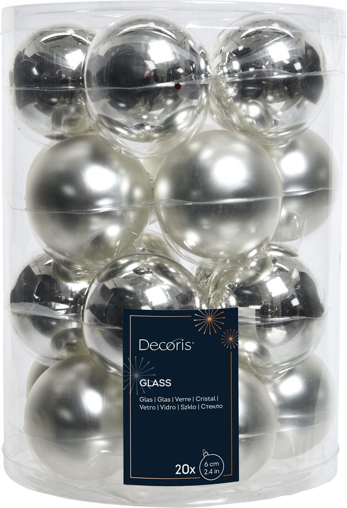 20 Christbaumkugeln GLAS 6cm, Farbe:silber glanz / matt