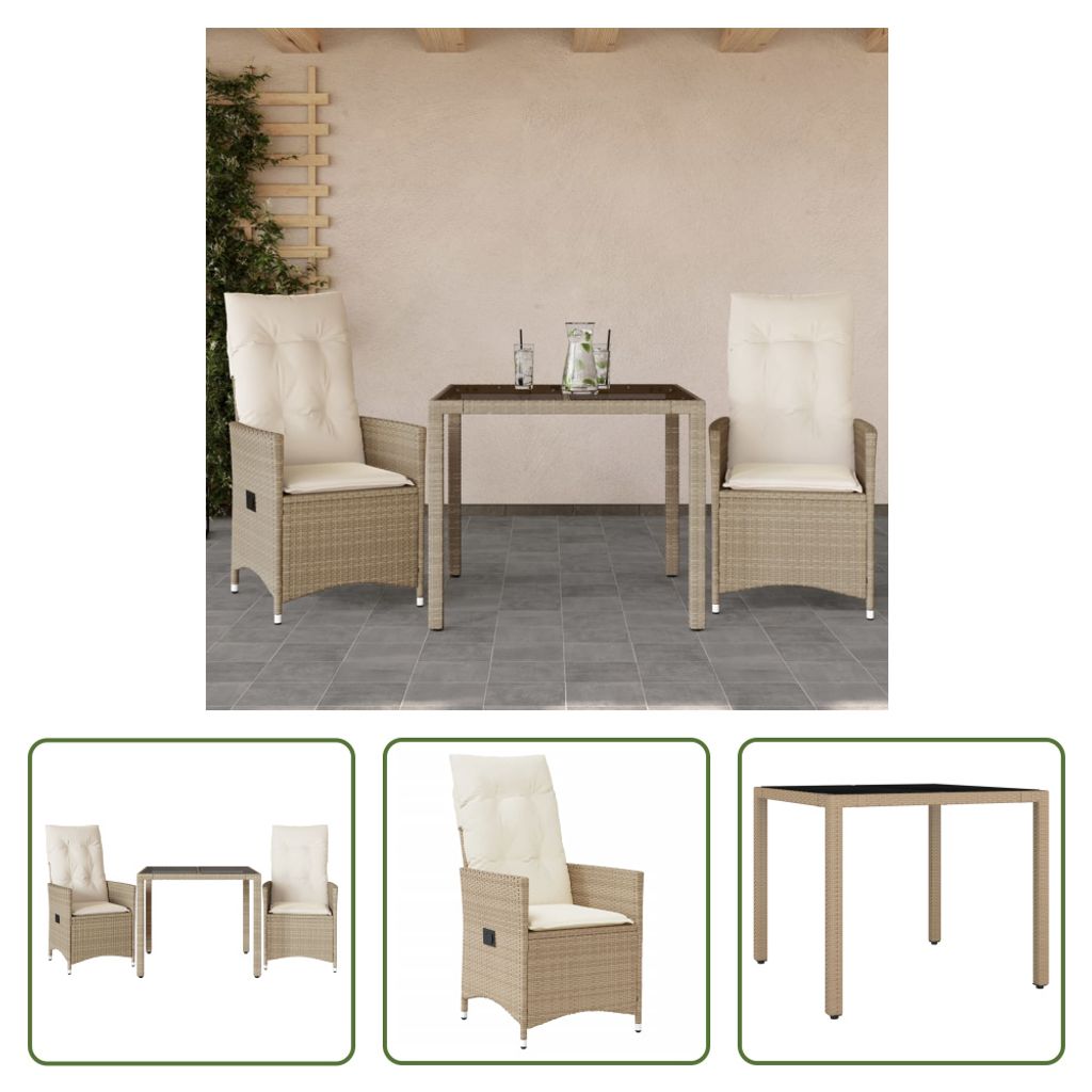 The Living Store 3-tlg. Bistro-Set mit Kissen Beige Poly Rattan