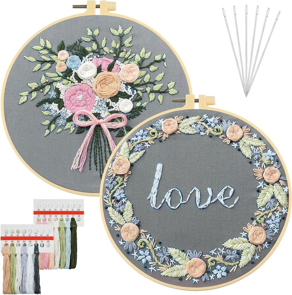 Stickset fš¹r Anf?nger, Blumenmuster Pflanzen Sticken Set Erwachsene Stickerei Set mit 2 Stš¹ck Stickrahmen, Anleitung, Farbf?den und Werkzeuge...