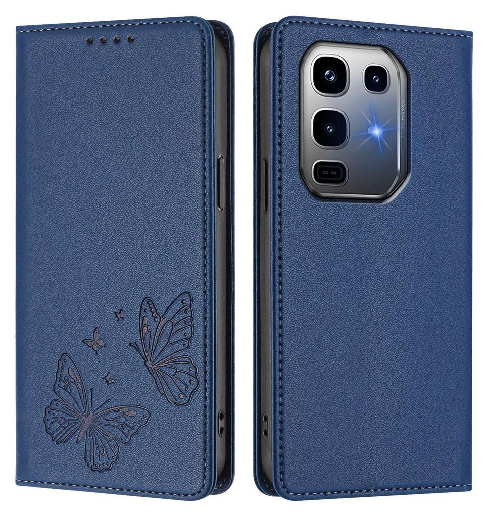 Lederhülle für Infinix Note 50 Pro+ 5G, Schmetterling Prägung Leder Brieftasche Schutzhülle mit Ständer Dunkelblau