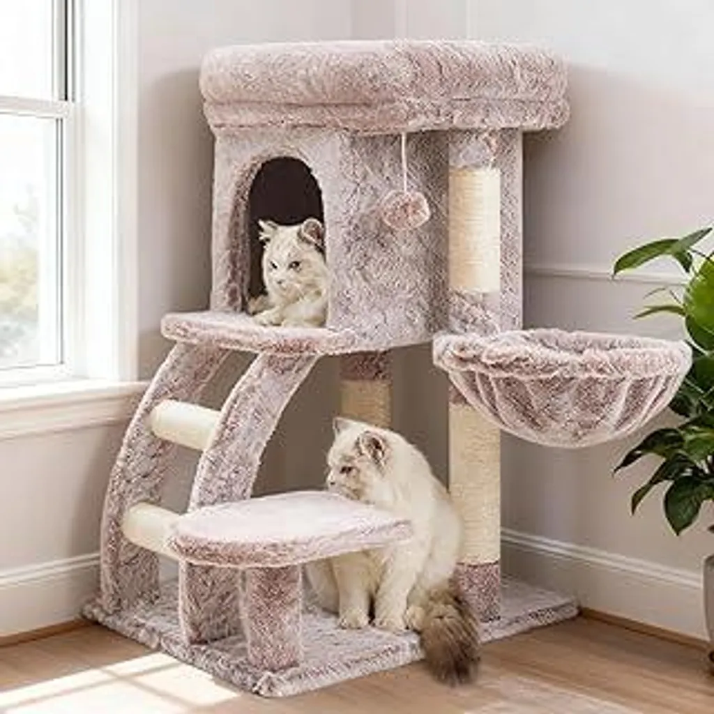 Tiragraffi Heybly, tiragraffi alto 75 cm, piccolo, con piattaforma superiore, cuccia, amaca, scaletta, giocattoli per gatti, mobili per gatti, marrone-beige HCT009SMU