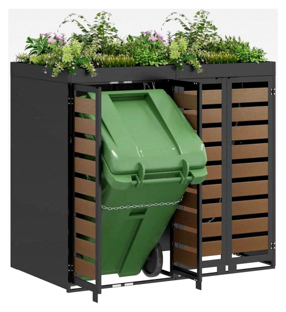 Müllbehälter für 3 Behälter in Anthrazit, für Garten und Terrasse, moderne Abfalllösung, belüftete Box, stilvoller Außenorganizer, platzspa...