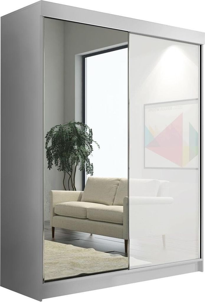 BETTSO Schwebetürenschrank 150 cm mit Spiegel Kleiderschrank mit Kleiderstange Schlafzimmer Wohnzimmerschrank Schiebetüren Schwarz BAMAS
