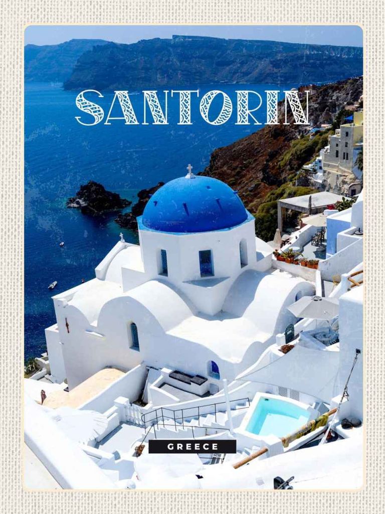 vianmo Holzschild 40x30 cm Santorini Greece Gebäude weiß blau Bildmotiv Reisemotiv Europa