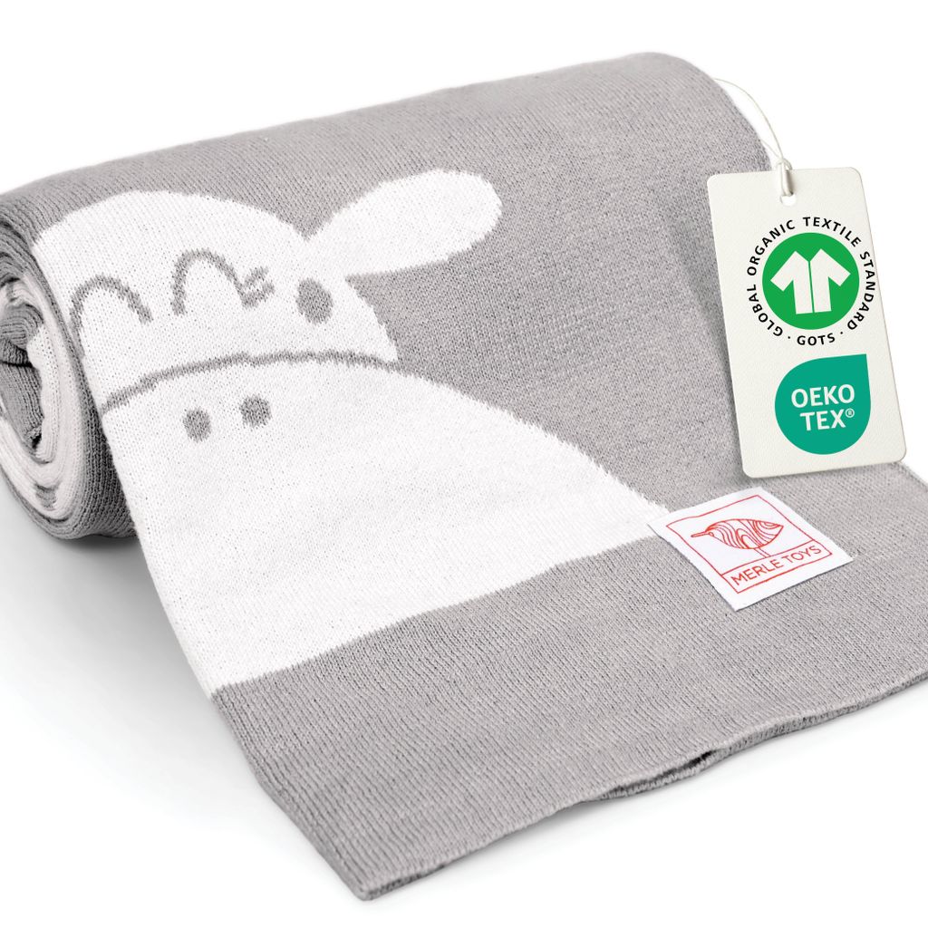 Merle Toys Babydecke Baumwolle aus 100% GOTS Baby Strick Decke, Baby Kuscheldecke, Baumwolle, Baby 100x80 cm, Neugeborene Decke, Grau
