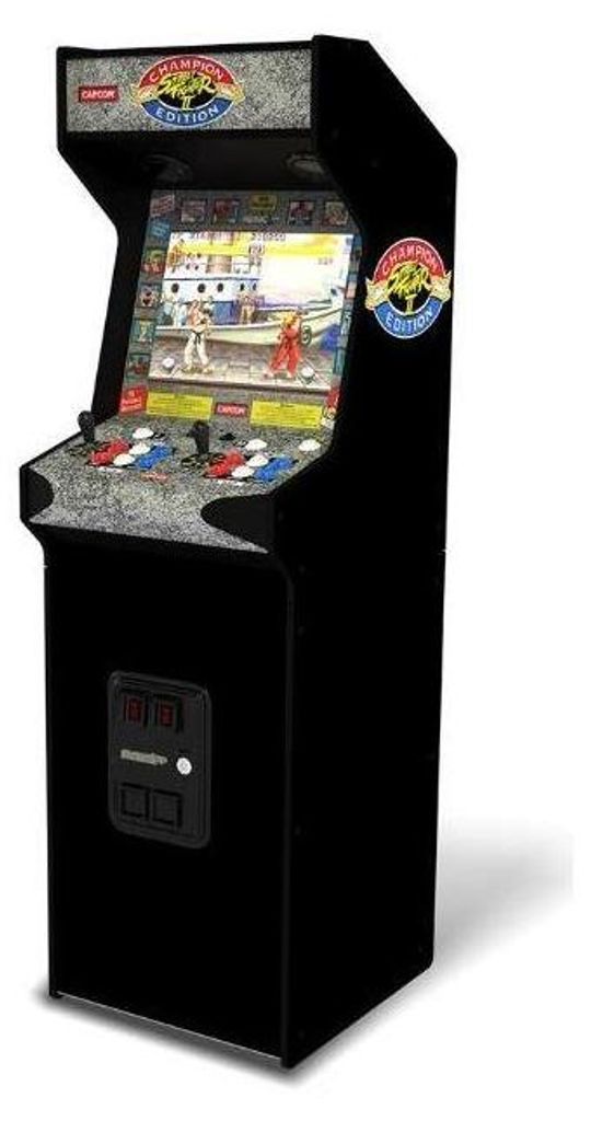 A black arcade cabinet with a screen displaying a fighting game.