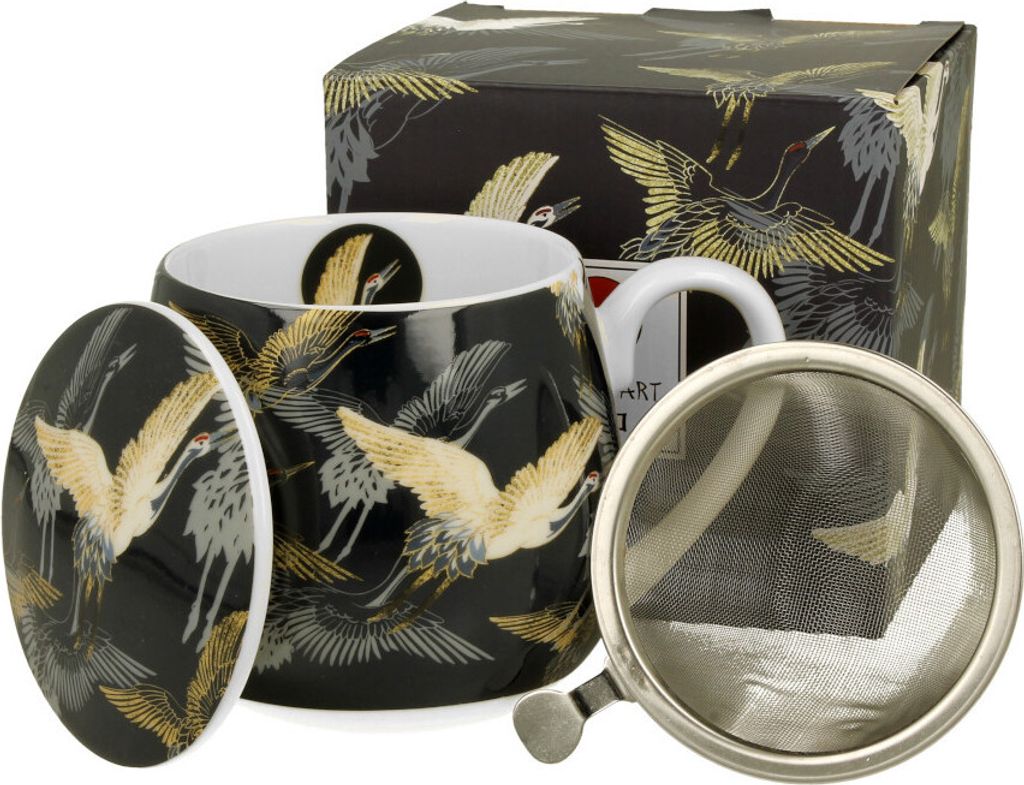 DUO ART GALLERY Fassbecher 430 ml CRANES AT NIGHT mit Teesieb, New Bone China Porzellan