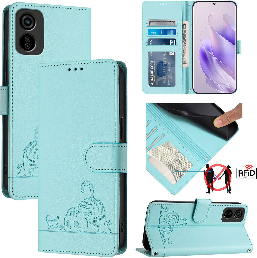 Leder Hülle für Tecno Pop 6C/A18 Süße Katze Flip Case Brieftasche Schutzhülle mit Standfunktion hellgrün