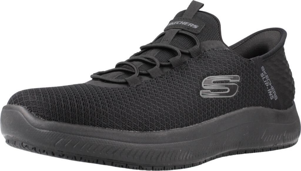 A black Skechers shoe is shown from the side against a white background.