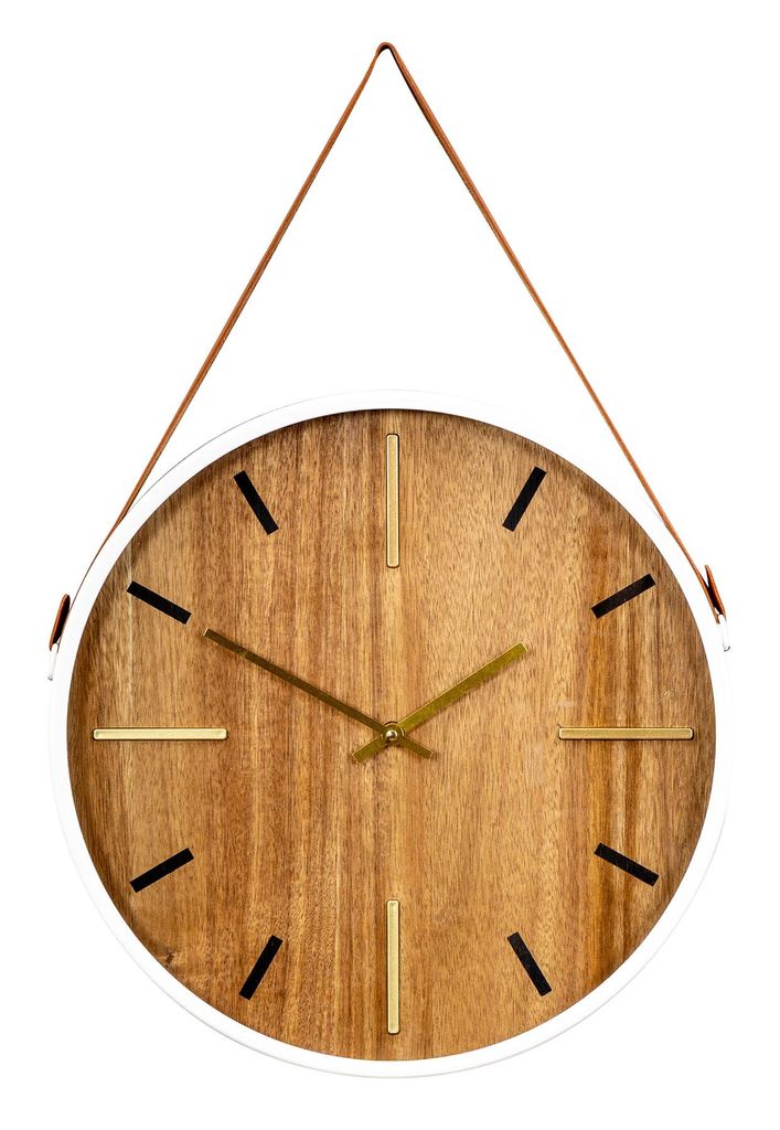 Wanduhr 38cm Weiß Braun Gold Holzoptik Kunstlederband zum Aufhängen Wanddeko Deko Design Modern