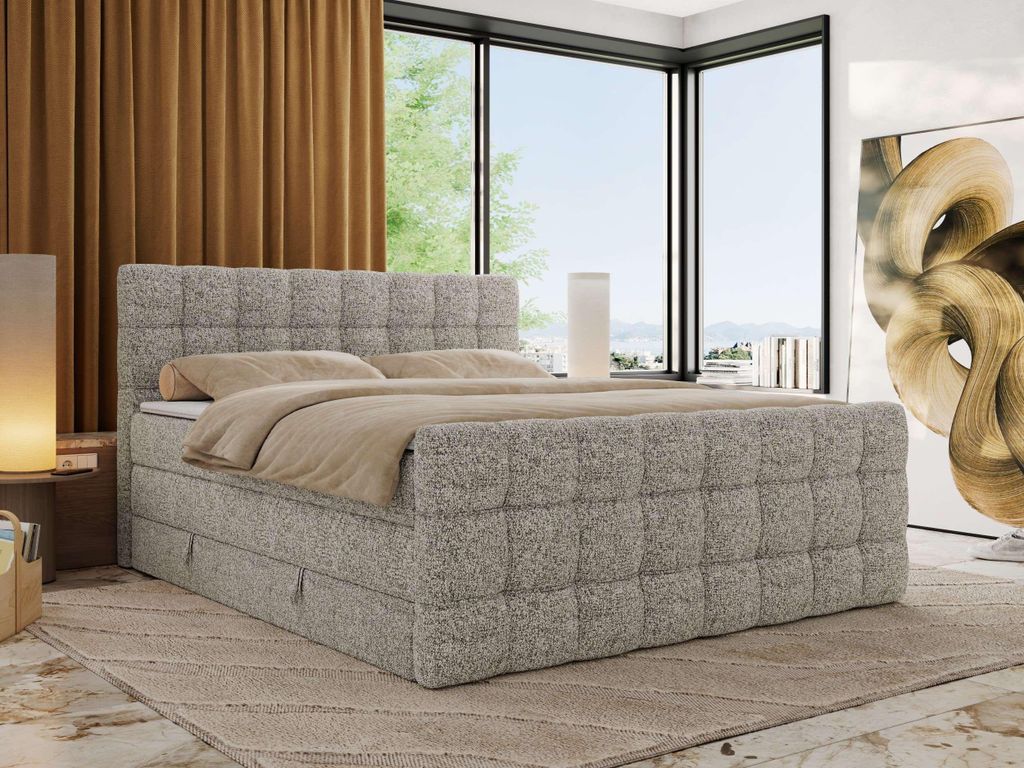 MKS MEBLE Boxspringbett mit Stauraum ALTIVO KING DUO 140x200 Bett mit Fußteil Multipocket-Matratze H4 Polsterbett für das Schlafzimmer - Beige St...