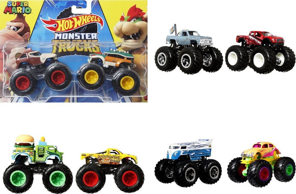 A collage of Hot Wheels Monster Trucks, some in packaging and some displayed individually.
