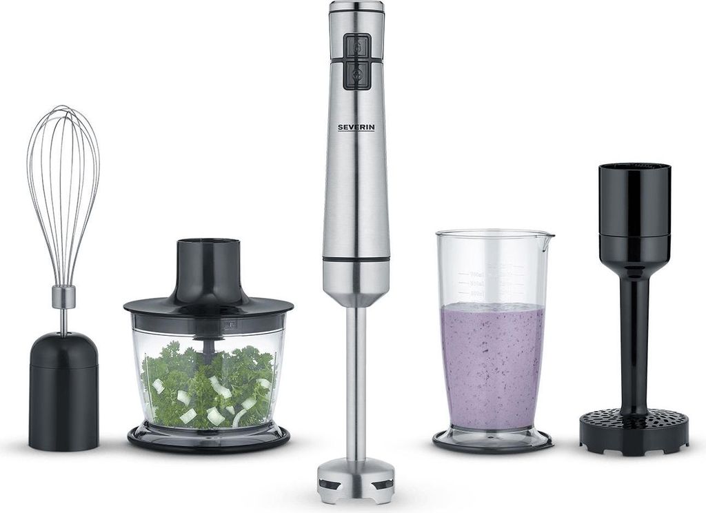 SEVERIN Kabelloser Stabmixer mit Premium-Set SM 3775 aus Edelstahl, gebürstetschwarzsilber Stabmixer Rührstab Mixbecher Zerkleinerer