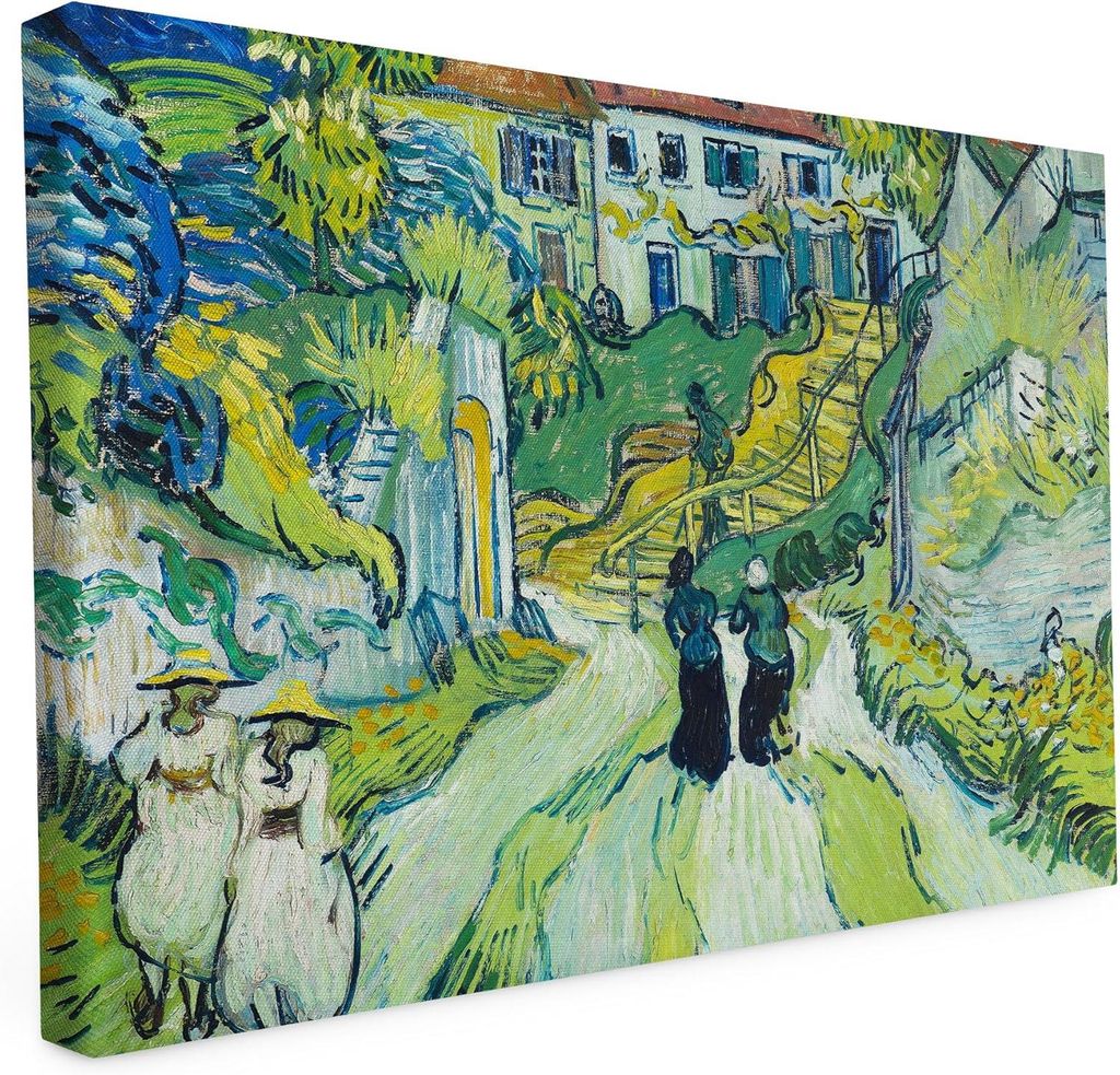 Gemälde Van Gogh auf Leinwand gedruckt - 60L x 90B - Treppe in Auvers (1890) - Wandbild - 2cm Holzrahmen - 280g starker Canvas - matter Kunstdruck