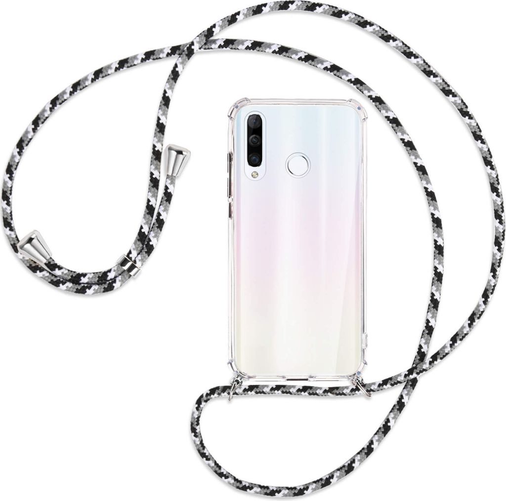 Handykette Backcover-Schutzhülle mit Band (Metall silberfarben) für Huawei P30 Lite - schwarz/grau/weiß
