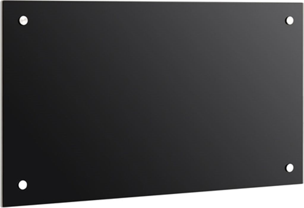 A black glass backsplash panel with four visible mounting points.