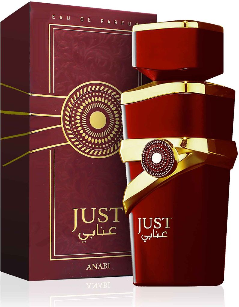 A product shot of a red and gold perfume bottle and its box, set against a white background.