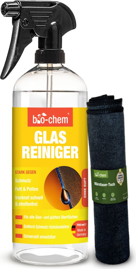 bio-chem Glasreiniger Hochglanzreiniger für streifenfreien Glanz | 750 ml Spray + Tuch | Ideal für Glasflächen, Spiegel, Fenster, Autoscheiben, ...