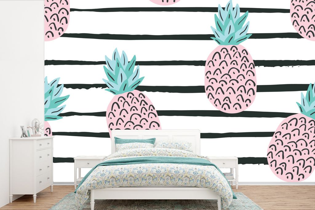 MuchoWow Fototapete für Wohnzimmer oder Schlafzimmer Wandtapete Vinyl Motivtapete Sommer - Ananas - Muster - 600x400 cm - Vinyltapeten