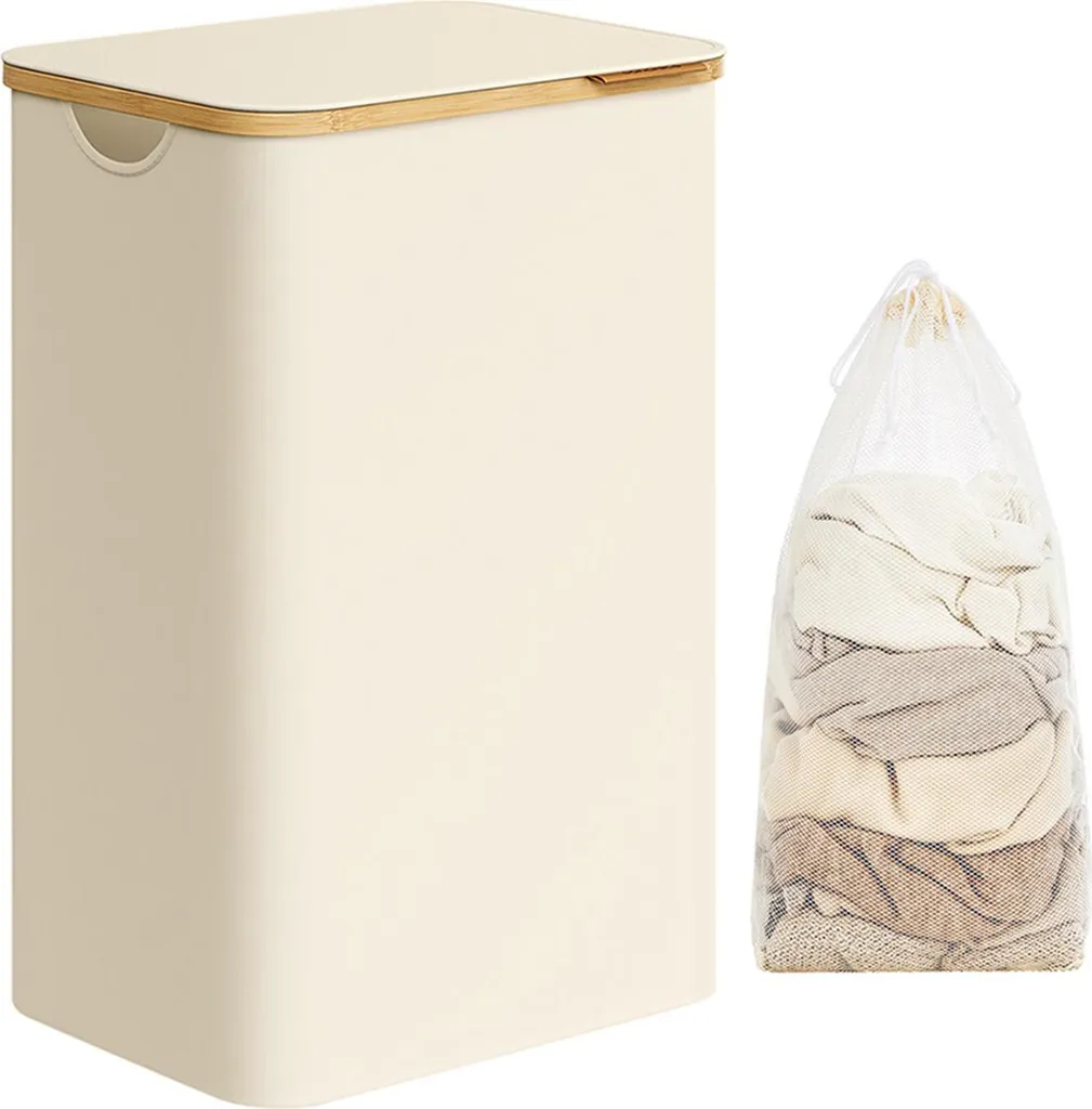 Panier à linge blanc crème 90L : sac amovible et couvercle pratique