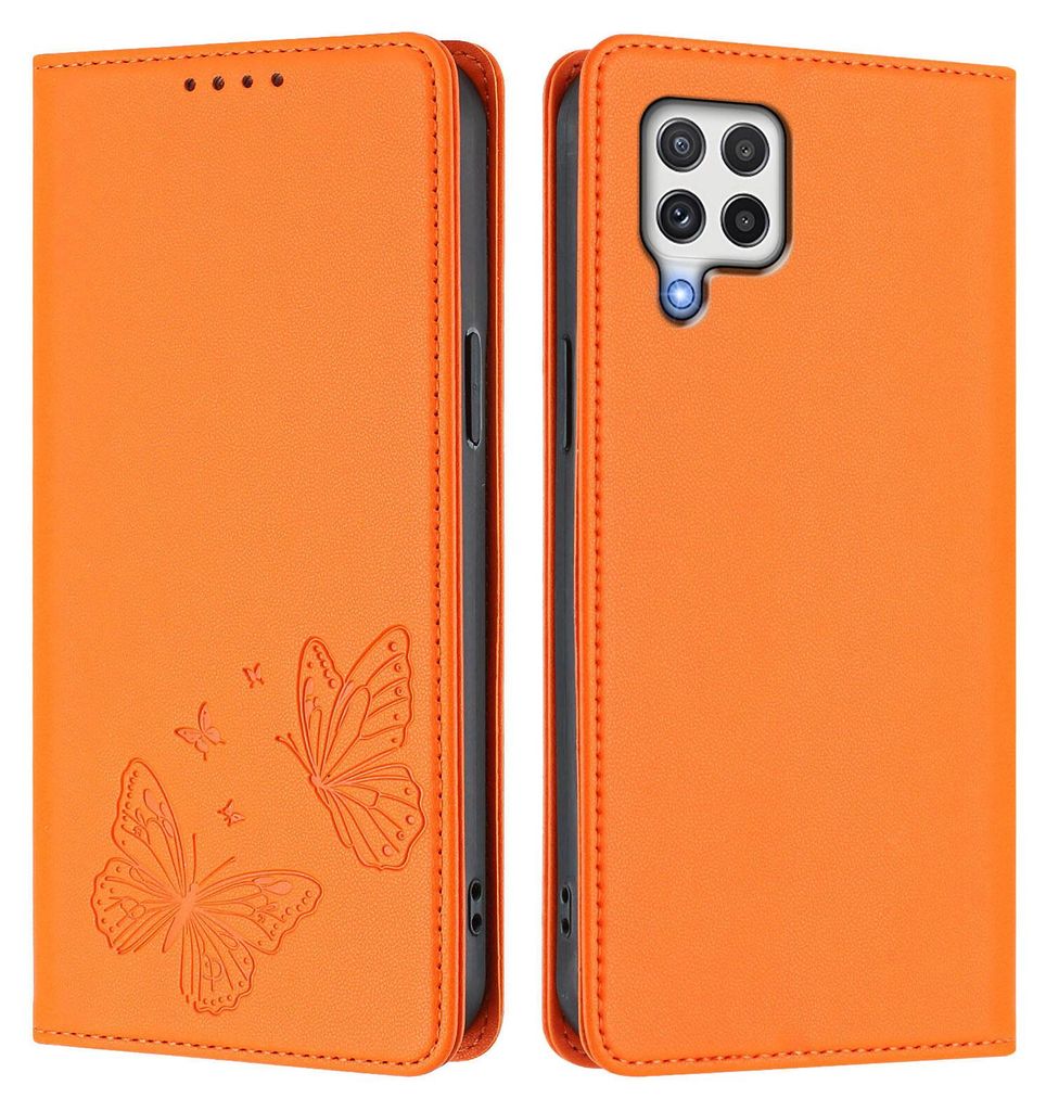 Lederhülle für Samsung Galaxy A22 4G, Schmetterling Prägung Leder Brieftasche Schutzhülle mit Ständer Orange