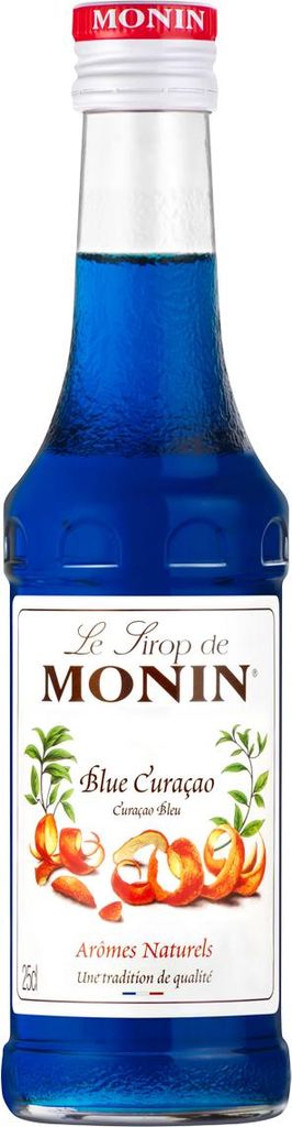 A bottle of Monin Blue Curacao syrup.