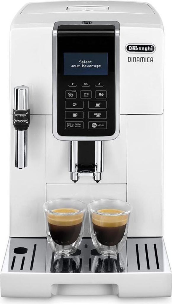 A white DeLonghi Dinamica coffee machine is shown from the front, with two cups of espresso in the foreground.