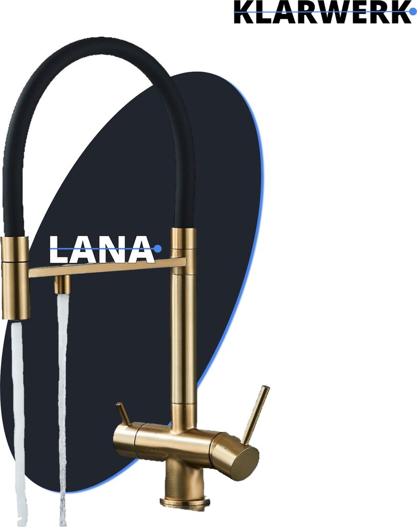 Lana | 3 Wege Gold Schwarz ausziehbare Armatur | Edelstahl Trinkwasser Osmose Wasserhahn Küche |Mischbatterie - 360 Grad drehbar | Filter 3 Anschl...
