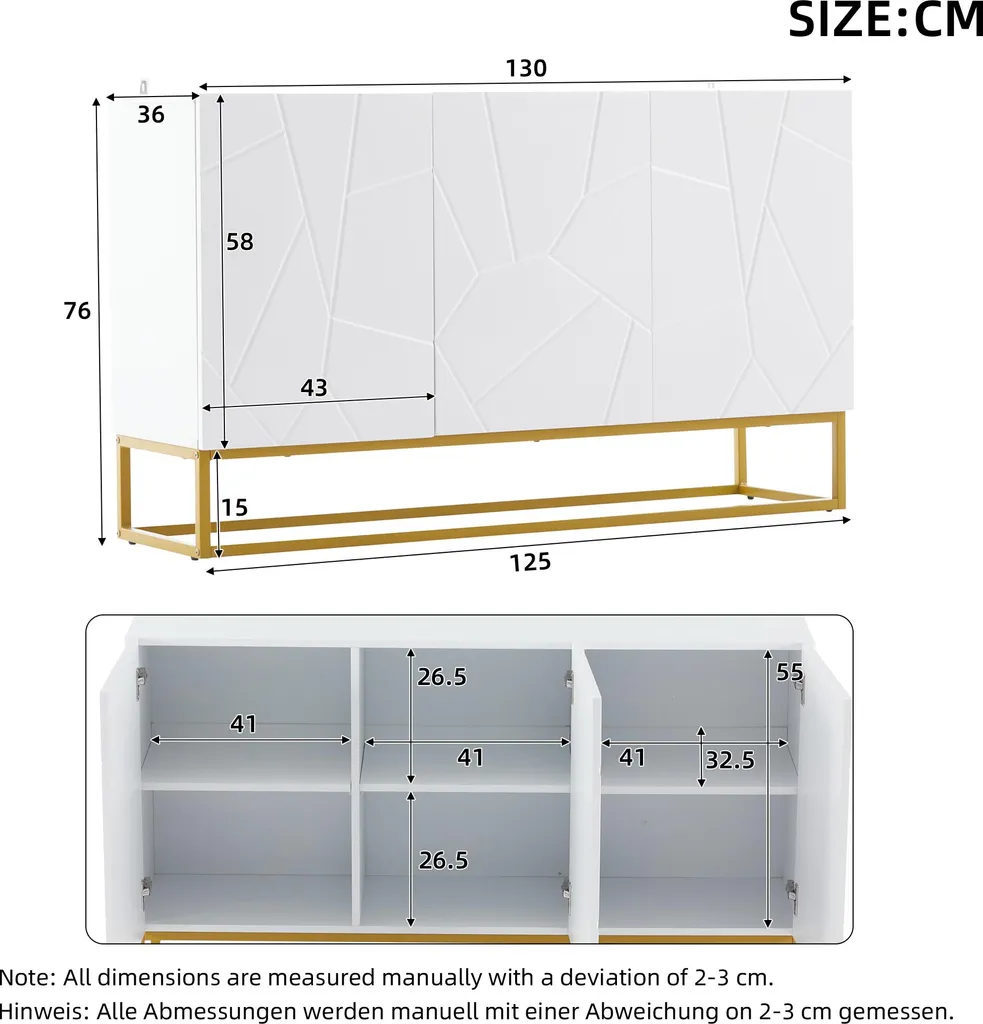 Buffet Blanc Haute Brillance 130 cm - Aspect Cannelé et Structure Métal - 6