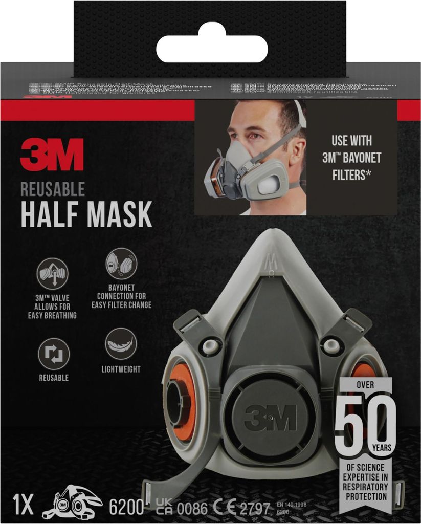Product packaging for a 3M reusable half mask respirator.