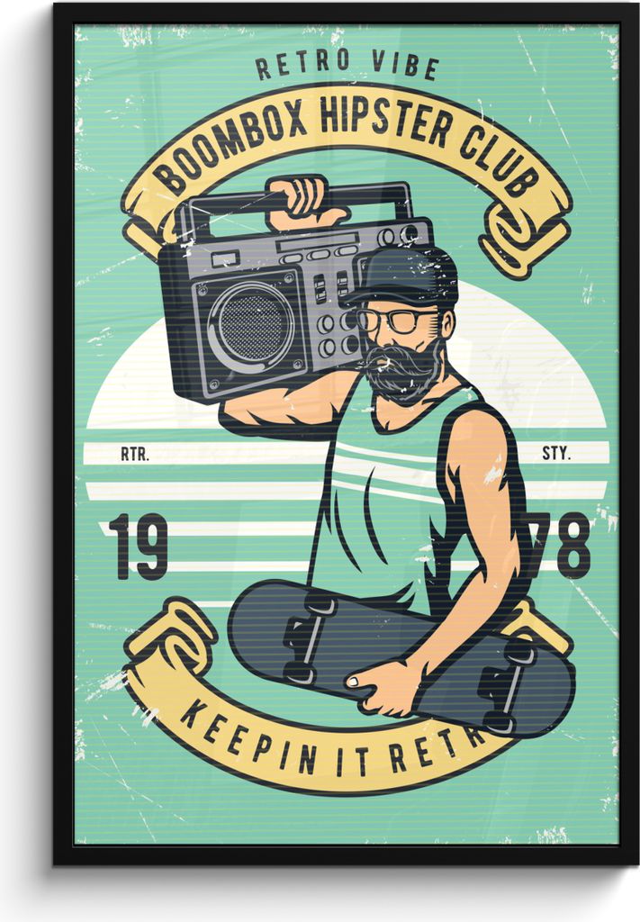 MuchoWow MuchoWow Gerahmtes Poster Radio - Skateboard - Retro 60x90 cm - Poster mit zchwarzem Bilderrahmen - Kunst