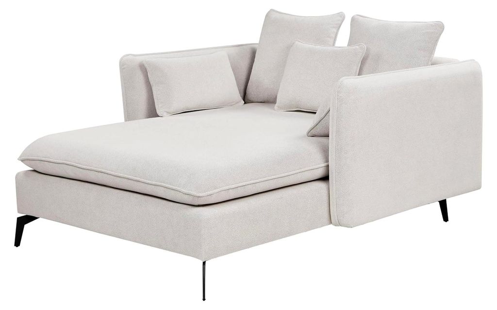 Chaiselongue mit Stoffbezug in Beige und mehreren Kissen, schlanke Armlehnen