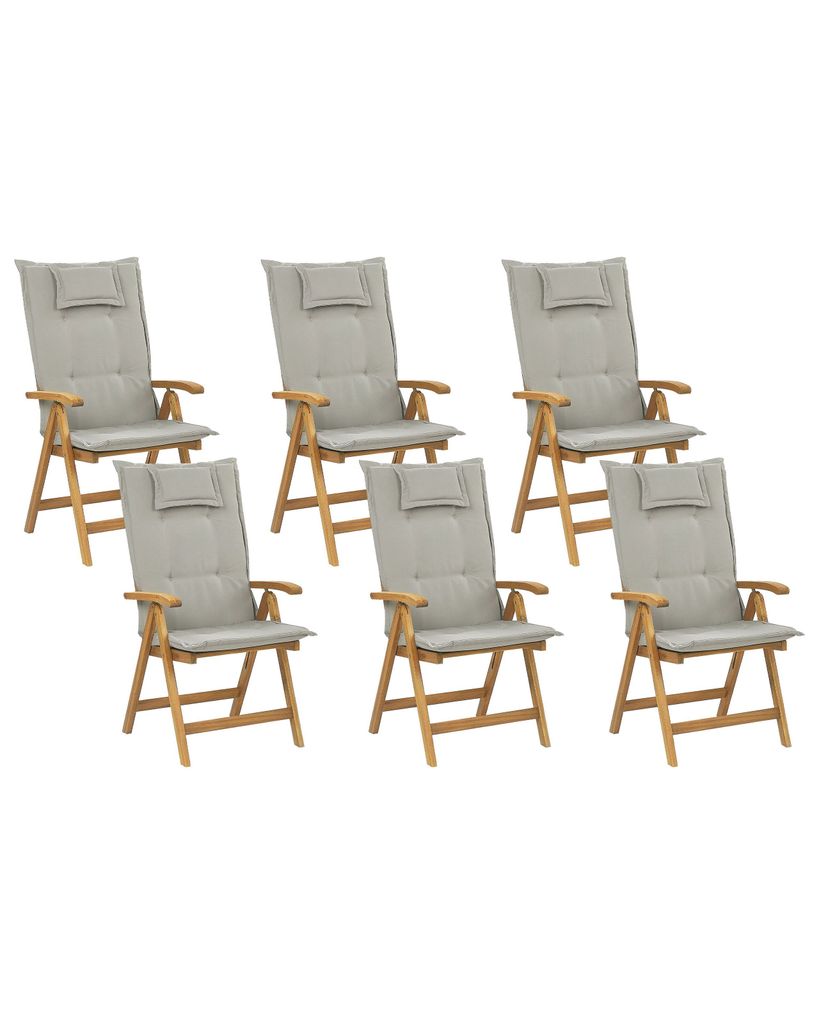 BELIANI Gartenstuhl mit Auflagen 12-teilig Grau/Beige Polsterbezug Braun Akazienholz verstellbar klappbar Rustikal Landhaus Stil Balkon Terrasse M...