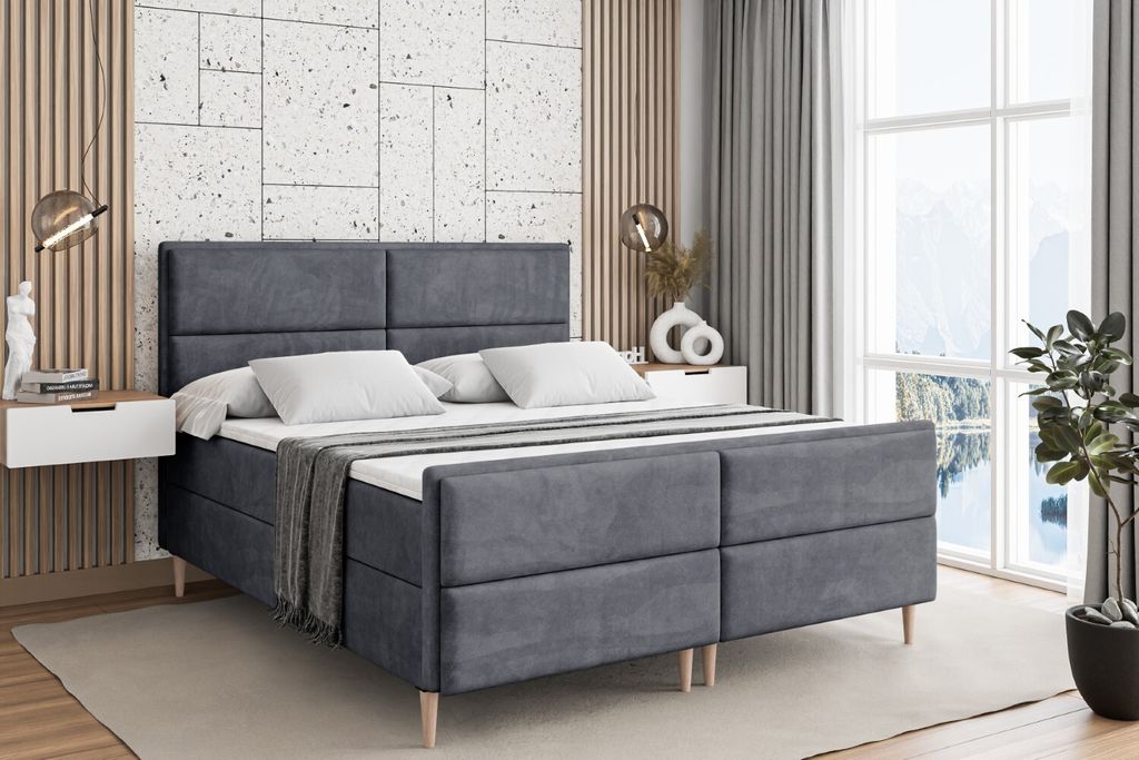 ALTDECOR Boxspringbett mit Holz Füßen, Matratze und Lattenrost, Topper, Fußteil, Polsterbett mit Bettkasten, Bett mit Stauraum H4-Matratze, Dopp...