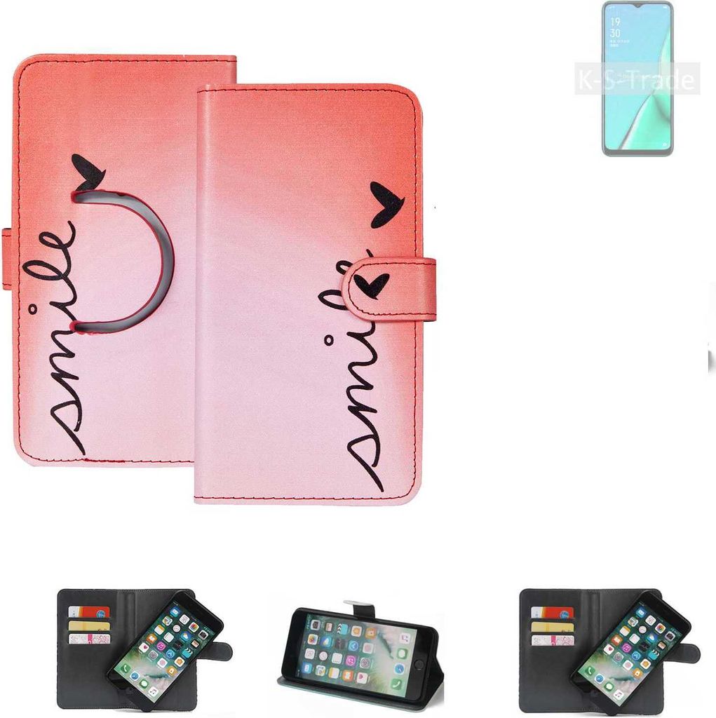 K-S-Trade Schutzhülle Handyhülle kompatibel mit Oppo A11 Hülle cover bookstyle Etui ''smile'' rot Standfunktion Kameraschutz (1Stk)
