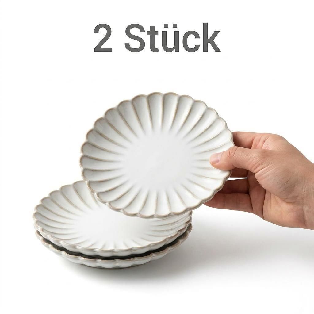Set aus 2 Porzellantellern cremeweiß 15 cm – Teller mit muschelförmiger Randstruktur, Dessert- & Brotteller