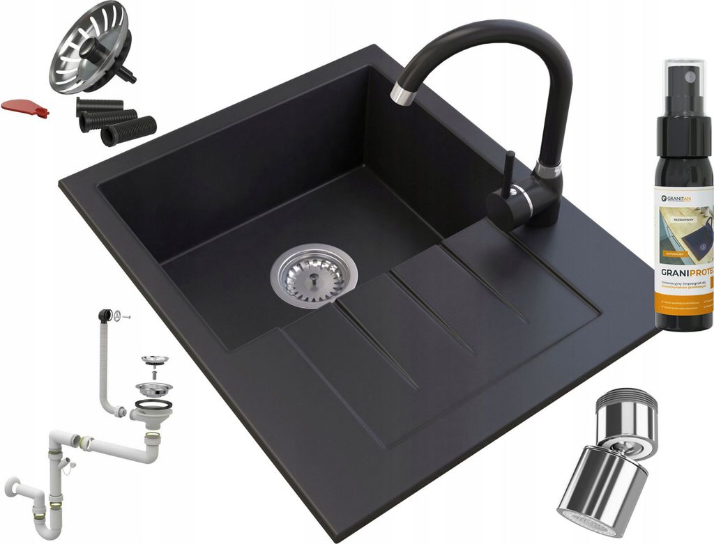 Granitan | Granitspüle MILANO - 574x464 mm - Schwarz - Hochwertige Qualität - Inklusive Zubehör