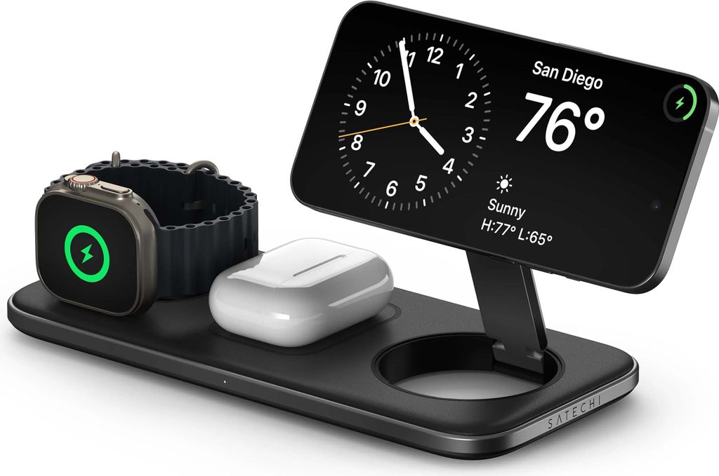 A black wireless charging pad with an Apple Watch, AirPods, and an iPhone displaying weather information.