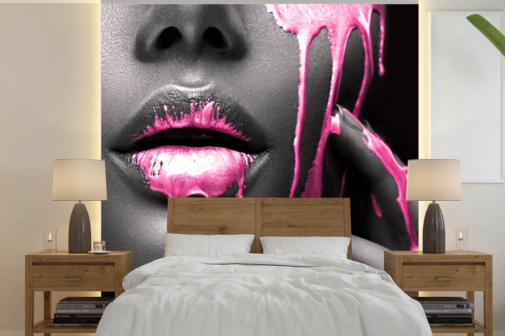 MuchoWow Fototapete für Wohnzimmer oder Schlafzimmer Wandtapete Vinyl Motivtapete Lippen - Rosa - Schwarz - 260x260 cm - Papiertapeten