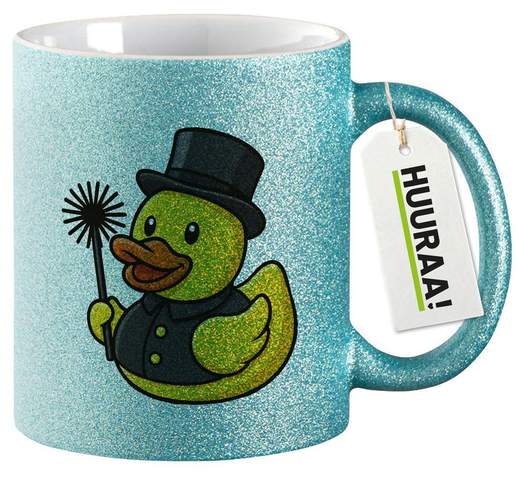 Huuraa Glitzertasse Quietscheente Schornsteinfeger Gummiente Kaminfeger 330ml Blau Keramik Kaffeebecher Geschenkidee